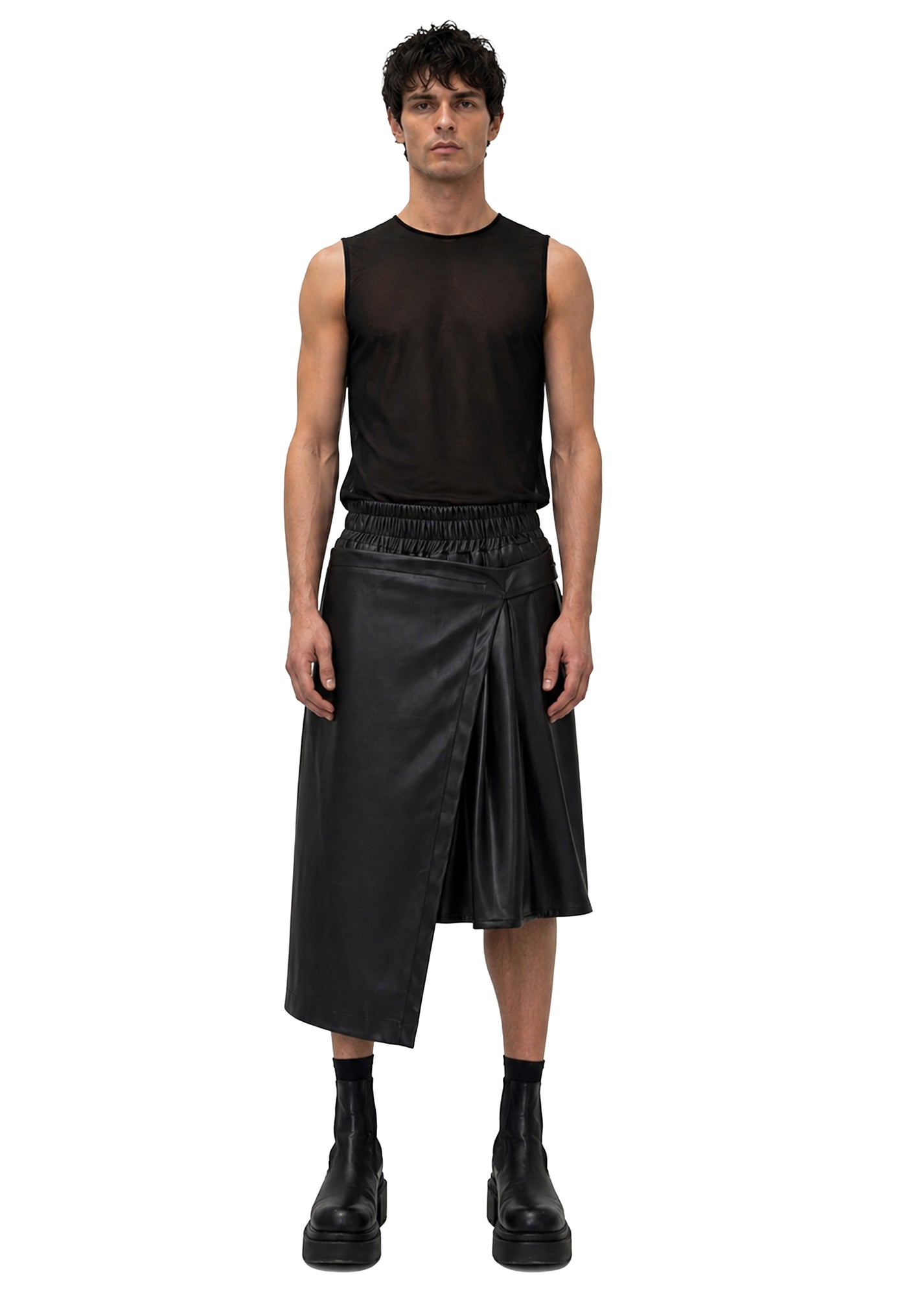 VEGAN LEATHER ASYMMETRIC PLEATED SHORTS