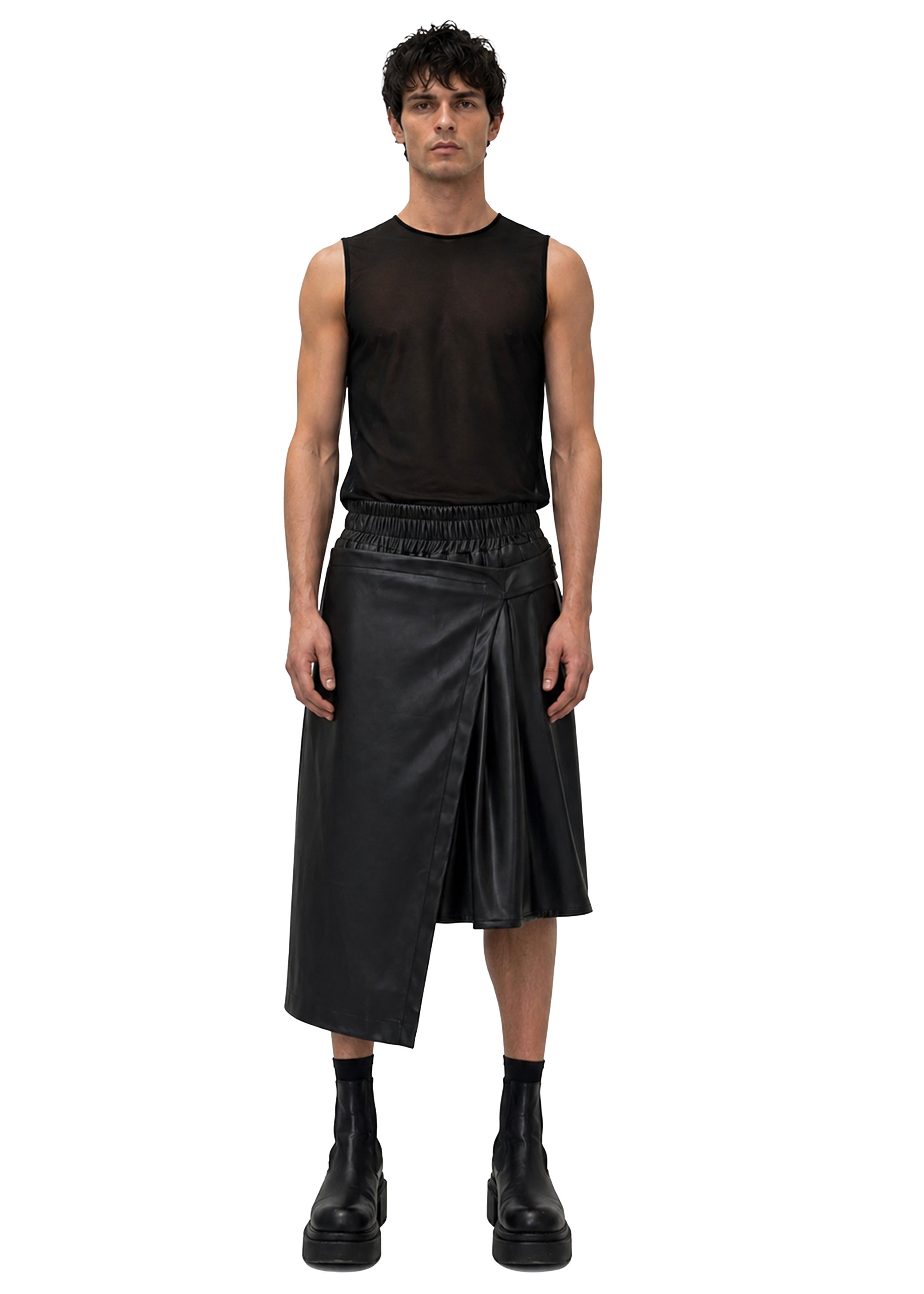 VEGAN LEATHER ASYMMETRIC PLEATED SHORTS