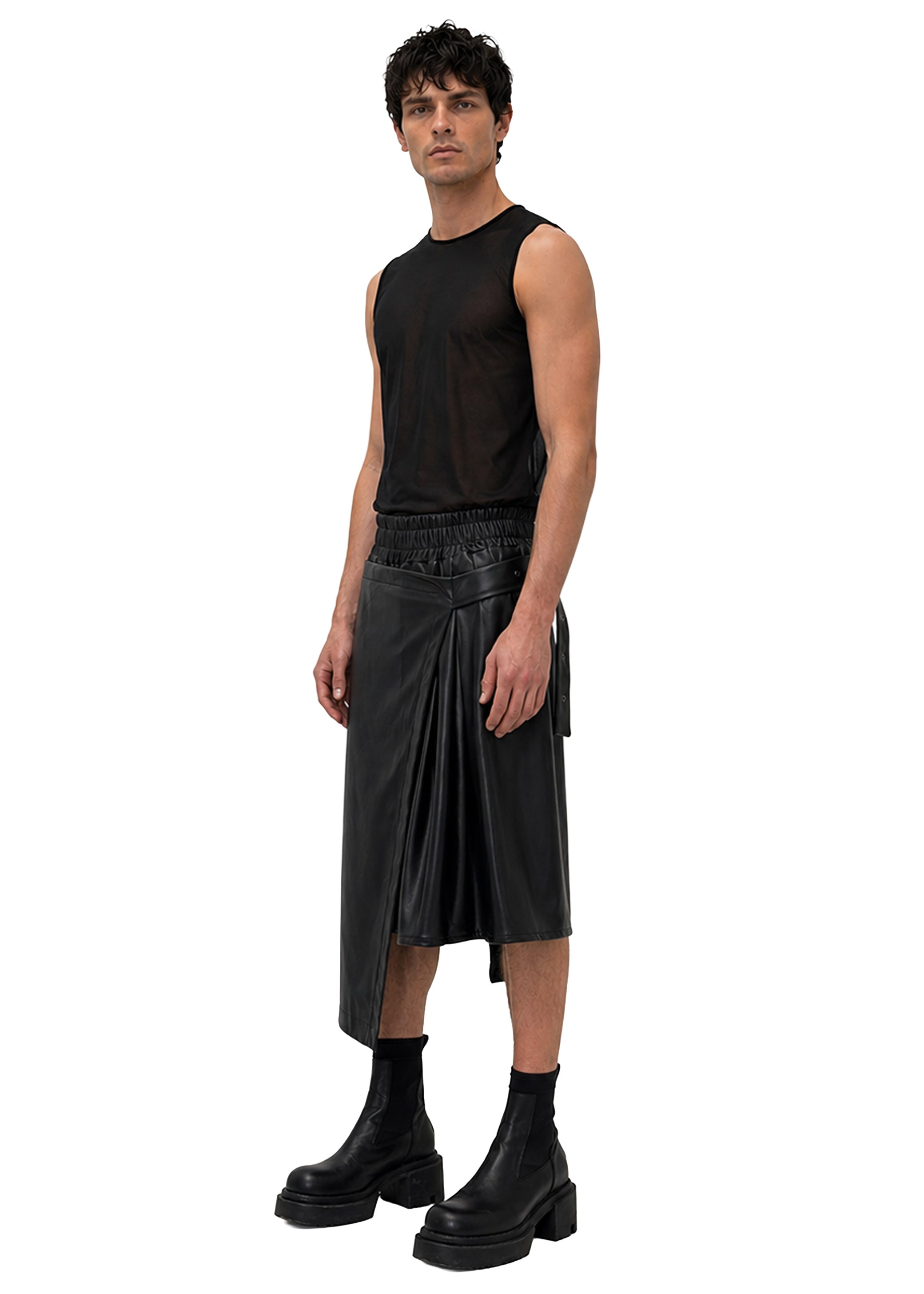 VEGAN LEATHER ASYMMETRIC PLEATED SHORTS
