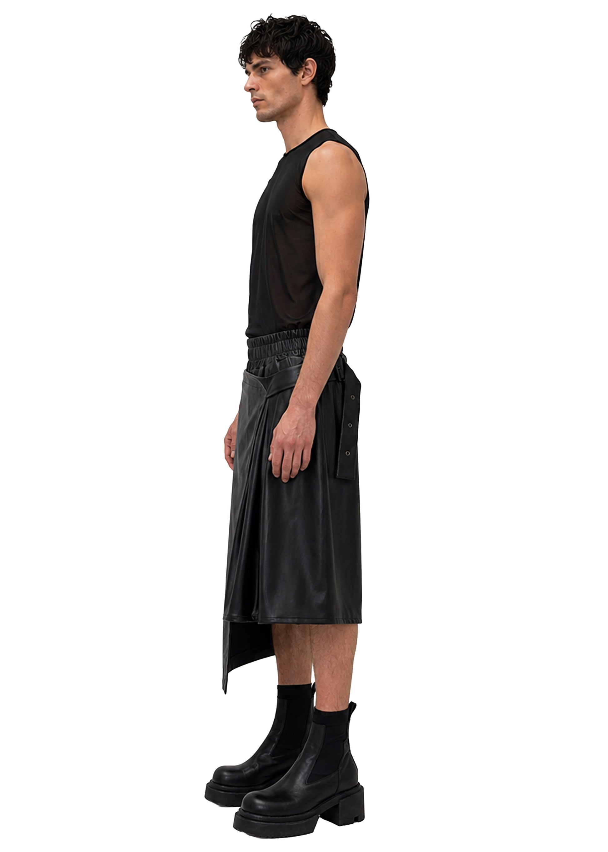 VEGAN LEATHER ASYMMETRIC PLEATED SHORTS