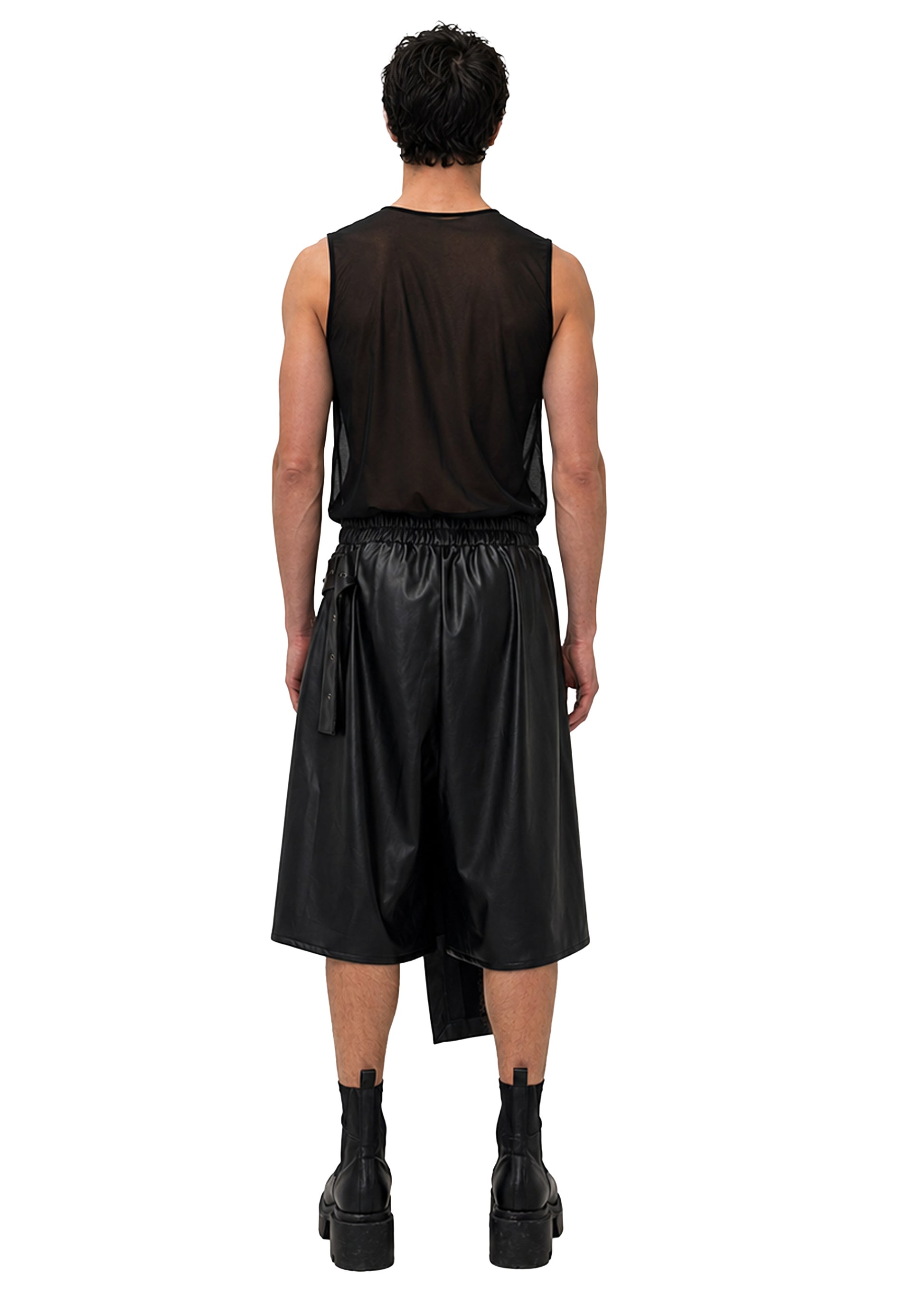 VEGAN LEATHER ASYMMETRIC PLEATED SHORTS