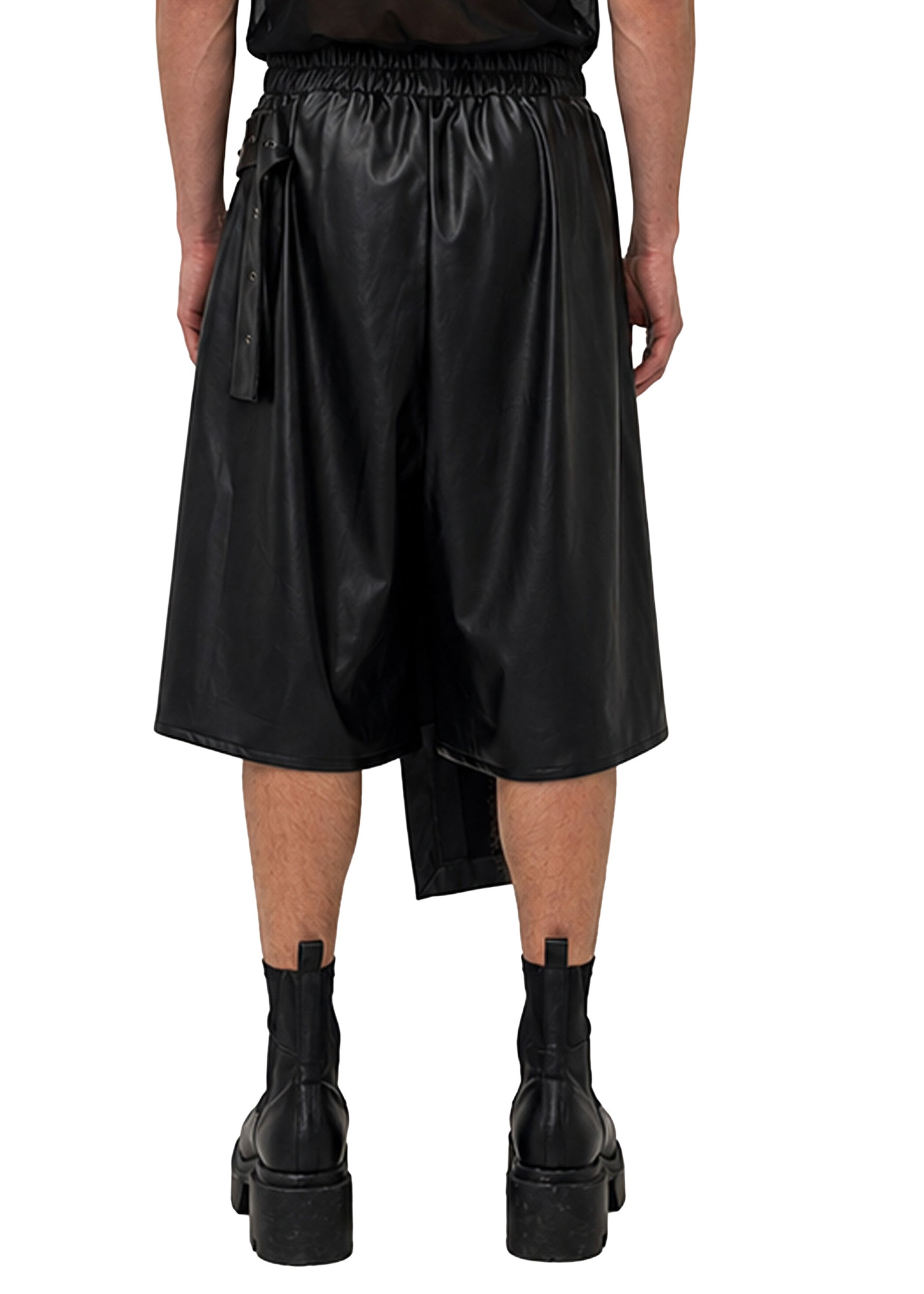 VEGAN LEATHER ASYMMETRIC PLEATED SHORTS
