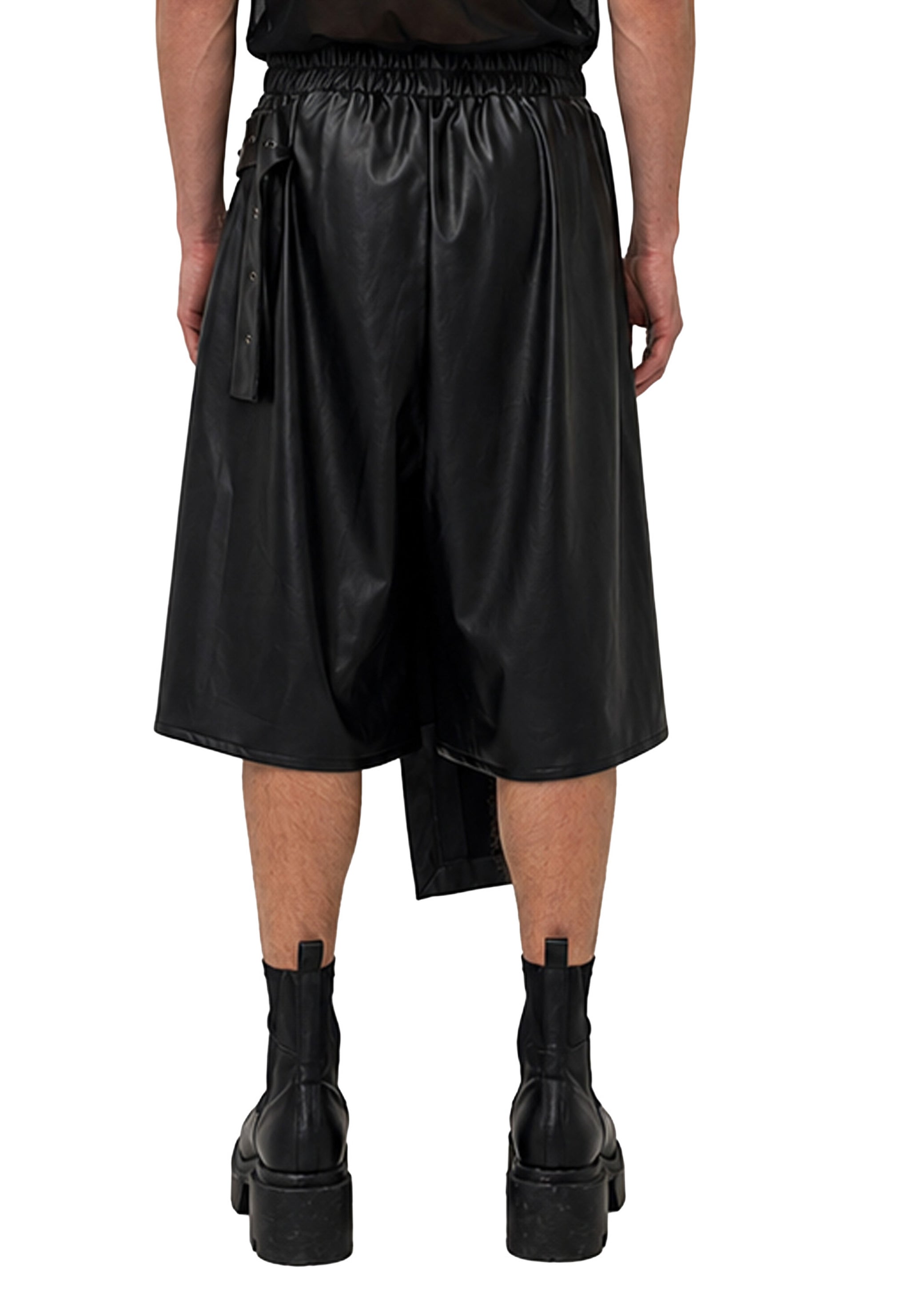 VEGAN LEATHER ASYMMETRIC PLEATED SHORTS